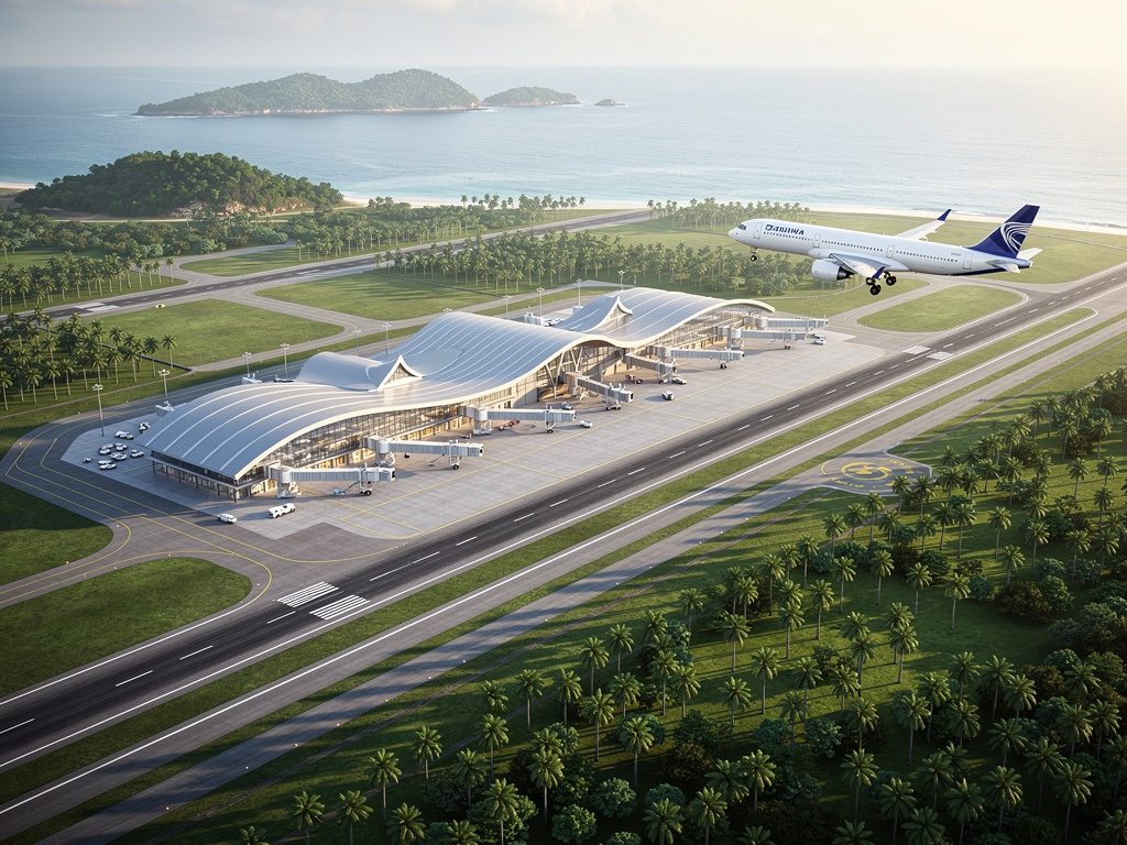 Artist's impression of the Andaman International Airport in Phang Nga, a curved roof terminal beside the runway with a plane taking off over palm trees and the sea
