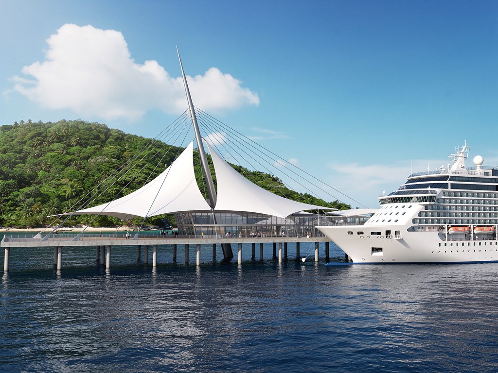 Artist's impression of a Phuket cruise terminal pier with a white sail shaped canopy and a cruise ship moored alongside a green headland