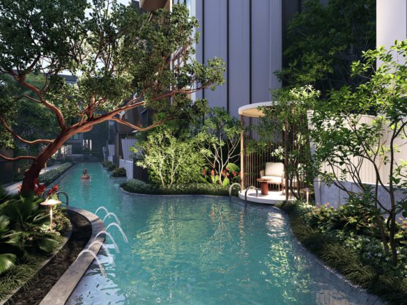 Lagoon pool running through the tropical garden between the buildings at The Astra Samui, Bophut, Koh Samui